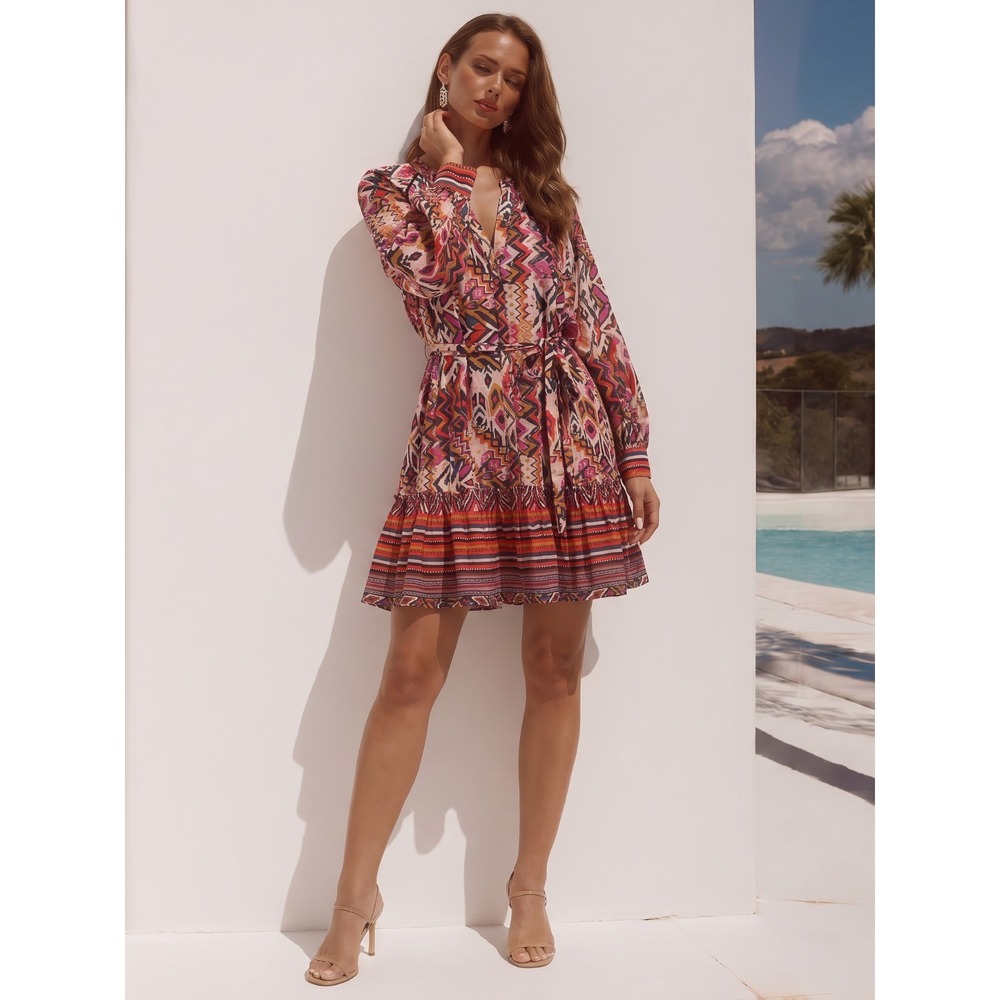 ZARA Women's XS Boho Printed Cotton Tie Waist Angie Shirt Dress Summer Chic